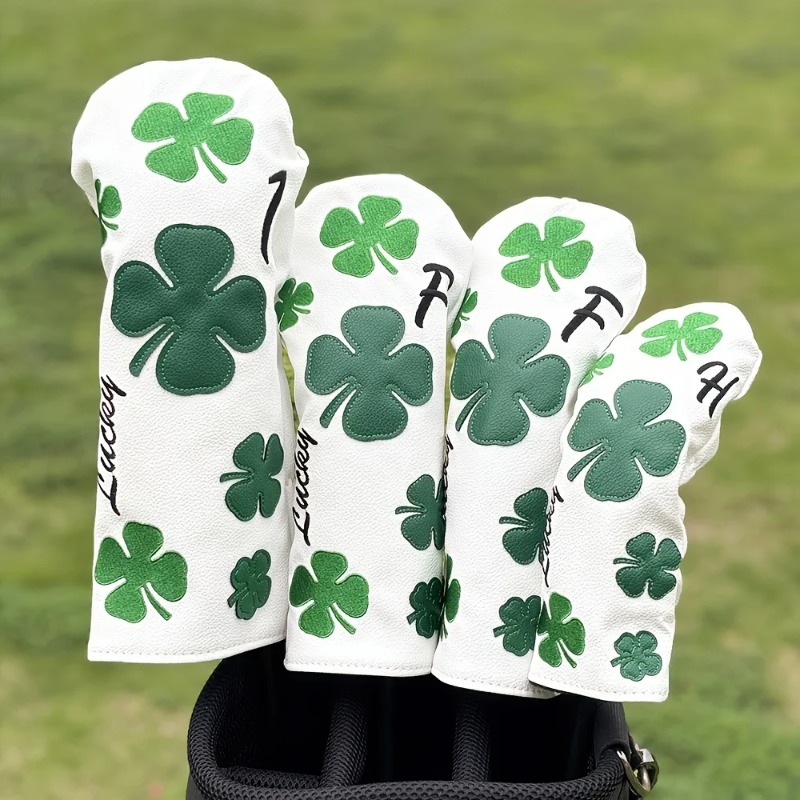 Golf Equipment Industry - ปลอกหุ้มหัวไม้กอล์ฟ Clover ดีไซน์ทันสมัย - สีขาวทนทานพร้อมลายโคลเวอร์สี่แฉกสีเขียว ปลอกป้องกันไม้กอล์ฟ